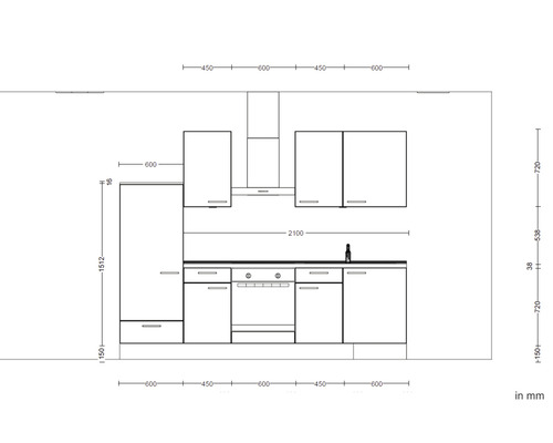 Skizze einer Küchenzeile mit Maßen.