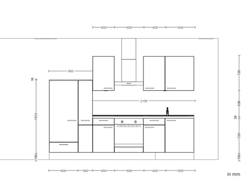 Skizze einer Küchenzeile mit Maßen in Millimetern