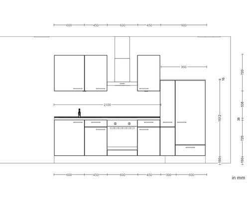 Skizze einer Küchenzeile mit Maßen in Millimeter