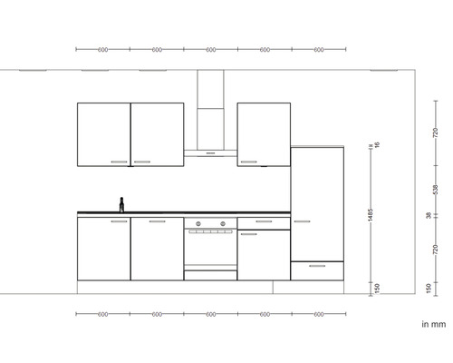 Plan einer Küche mit Maßen in Millimetern