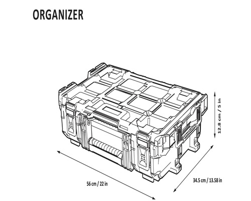 Abbildung eines Werkzeugorganizers mit Maßangaben