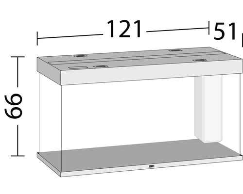 Abbildung eines Aquariums mit den Maßen 121 x 51 x 66 Zentimeter.