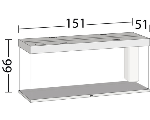 Technische Zeichnung eines Aquariums mit Maßangaben