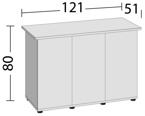 Schrank mit drei Türen und Maßangaben: 80 cm Höhe, 121 cm Breite und 51 cm Tiefe.