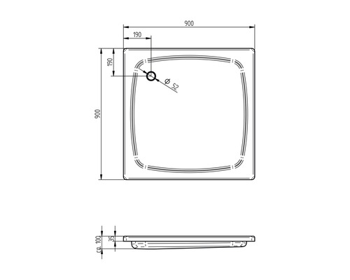 Technische Zeichnung einer Duschwanne mit Maßangaben