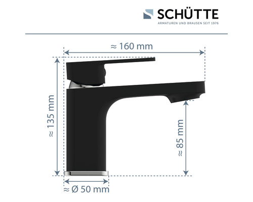 Abmessungen einer schwarzen Waschtischarmatur