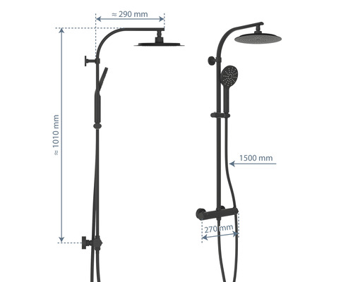 Abbildung einer Duscharmatur mit Maßangaben