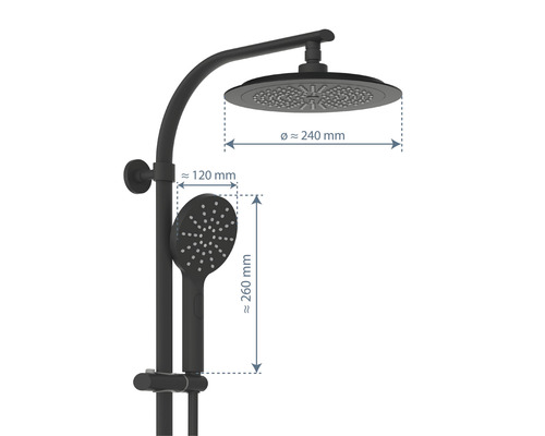 Duschsystem mit Kopfbrause, Handbrause und Maßangaben