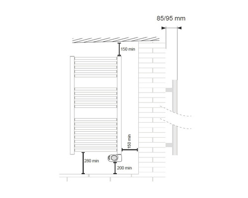 Installationszeichnung eines Heizkörpers mit Maßangaben