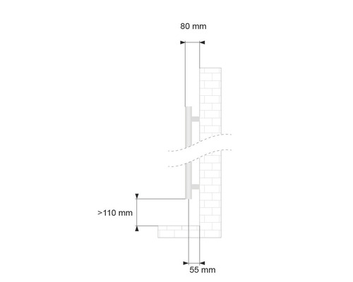 Diagramm der Abmessungen einer Abwasserleitung an einer Mauer