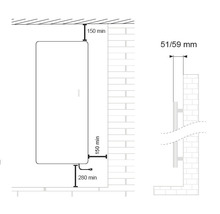 Installationszeichnung eines Warmwasserbereiters mit Maßangaben