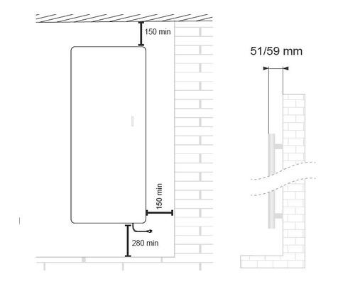 Installationszeichnung eines Warmwasserbereiters mit Maßangaben