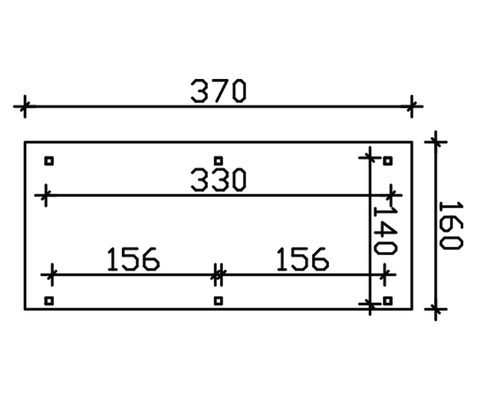 Technische Zeichnung mit Maßangaben: Länge 370 mm, Breite 160 mm, Lochabstand 330 mm, Lochabstand 156 mm, Lochabstand 140 mm