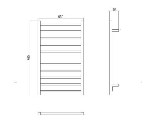 Technische Zeichnung eines Handtuchwärmers mit den Maßen 860 x 530 x 105 Millimeter.