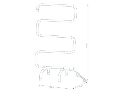 Technische Zeichnung eines elektrischen Handtuchwärmers mit Maßangaben