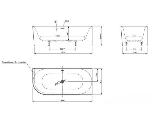 Technische Zeichnung einer Badewanne mit Maßangaben