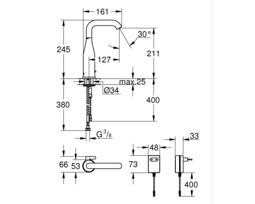 Technische Zeichnung einer Armatur mit Maßangaben