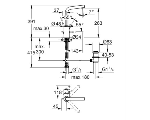 Technische Zeichnung eines Wasserhahns mit Maßangaben
