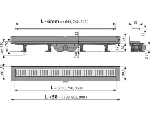Technische Zeichnung einer Duschrinne mit Maßen.