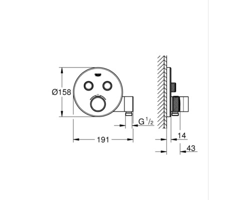 Technische Zeichnung einer Grohe Unterputzarmatur mit Maßangaben