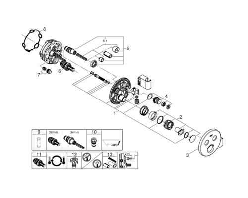 Explosionszeichnung einer Armatur mit Einzelteilen