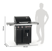 Schwarzer Gasgrill mit den Maßen 135 x 53 x 120 cm