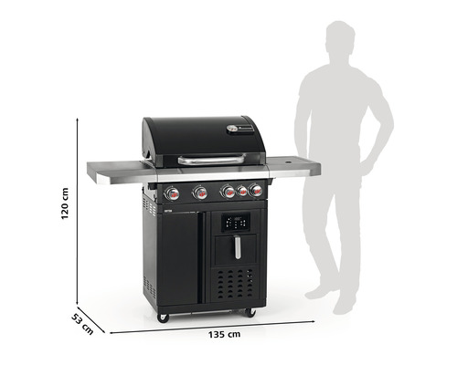 Schwarzer Gasgrill mit den Maßen 135 x 53 x 120 cm