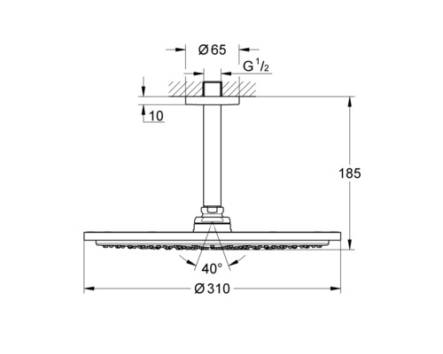 Technische Zeichnung eines Duschkopfs mit Maßangaben