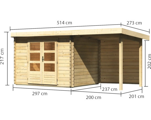 Abmessungen eines Gartenhauses aus Holz mit Anbau