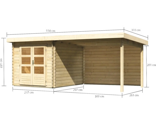 Holzgartenhaus mit Anbau und Maßangaben