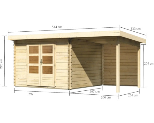 Holzgartenhaus mit den Maßen 514 mal 333 mal 220 Zentimeter.