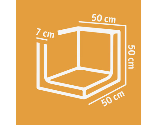 Abbildung eines Duschbeckens mit den Maßen 50 x 50 x 7 cm.