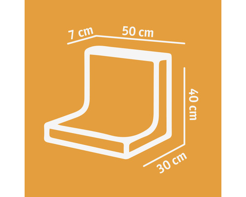 Illustration der Abmessungen eines Eckpolsters: 7 cm x 50 cm x 40 cm x 30 cm