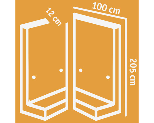 Technische Zeichnung einer Duschkabine mit Maßangaben 12 cm, 100 cm und 205 cm.