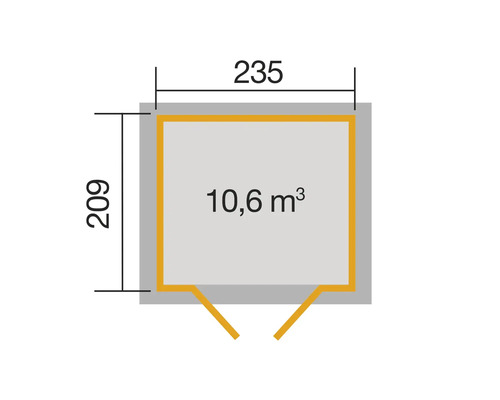 Grundrisszeichnung mit den Maßen 235 x 209 cm und 10,6 Kubikmeter Rauminhalt