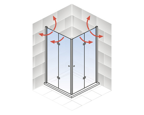 Eckdusche mit Belüftungssystem und roten Pfeilen, die die Luftzirkulation darstellen
