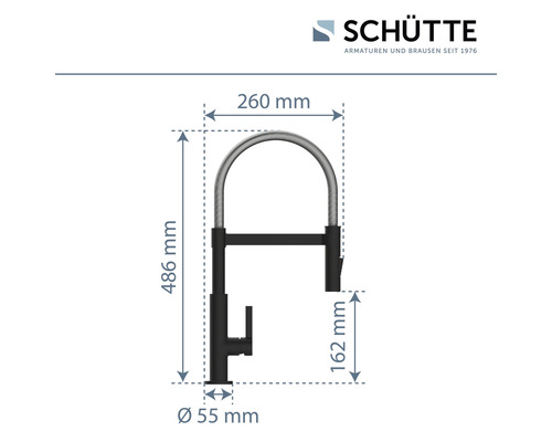 Technische Zeichnung einer schwarzen Küchenarmatur mit den Maßen 486 mm Höhe, 260 mm Breite und 55 mm Durchmesser