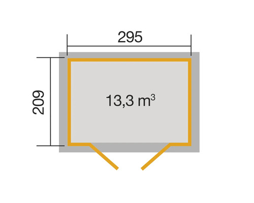 Grundrisszeichnung mit den Maßen 295 mal 209 und einem Rauminhalt von 13,3 Kubikmeter.