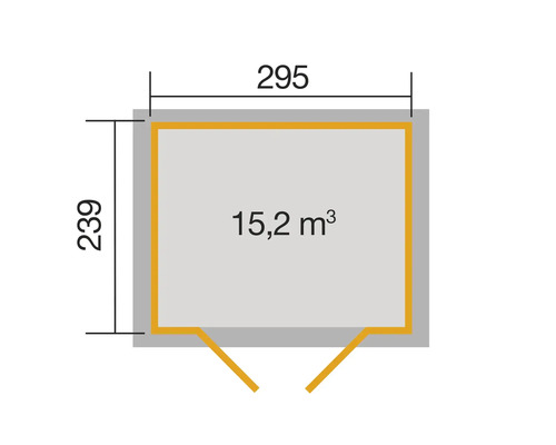 Grundriss mit den Maßen 239 mal 295 und der Angabe 15,2 Kubikmeter