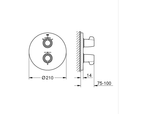 Technische Zeichnung einer Unterputz Duscharmatur mit Maßangaben
