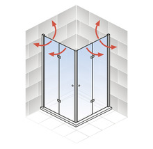 Eckeinstieg mit Drehfalttür SCHULTE 80 x 80 cm Profil chrom Klarglas Türanschlag links Türanschlag rechts Puffergriff