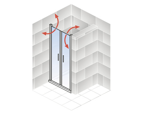 Duschkabine mit Pendeltüren zur Eckmontage mit Pfeilen