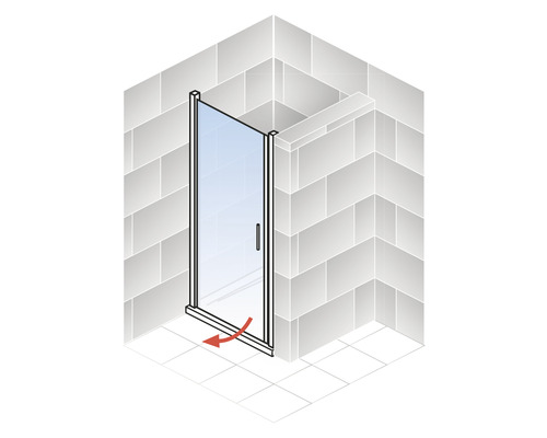 Drehbare Duschkabine in einer Ecke mit Pfeil, der die Drehbewegung anzeigt.