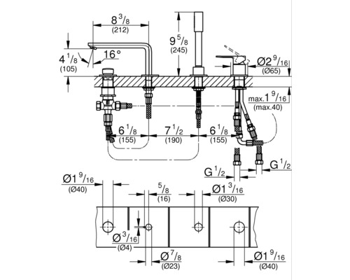 Technische Zeichnung einer Armatur mit Maßangaben