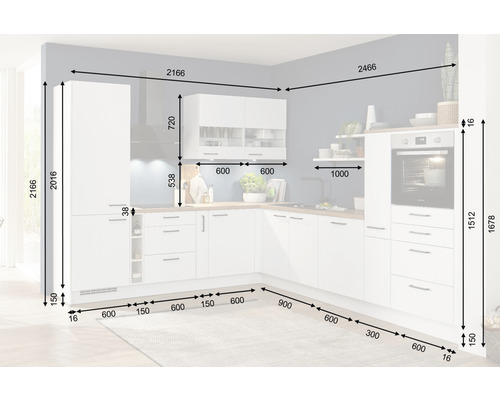 Küchenansicht mit Maßangaben der einzelnen Elemente