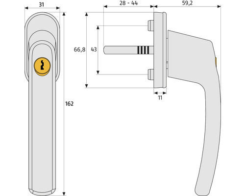 Technische Zeichnung eines Fenstergriffs mit Maßangaben