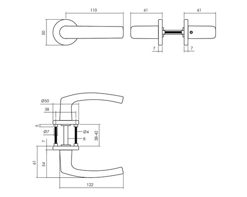 Technische Zeichnung einer Türklinke mit Maßen