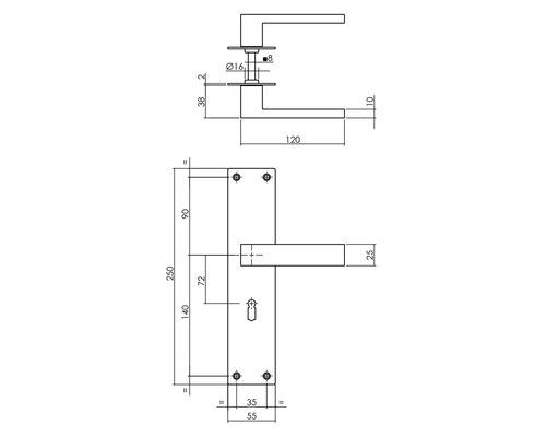 Technische Zeichnung eines Türdrückers mit Maßen