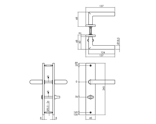 Technische Zeichnung eines Türdrückers mit Maßen