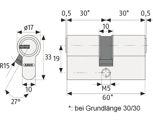 Technische Zeichnung eines ABUS Zylinders mit Maßangaben